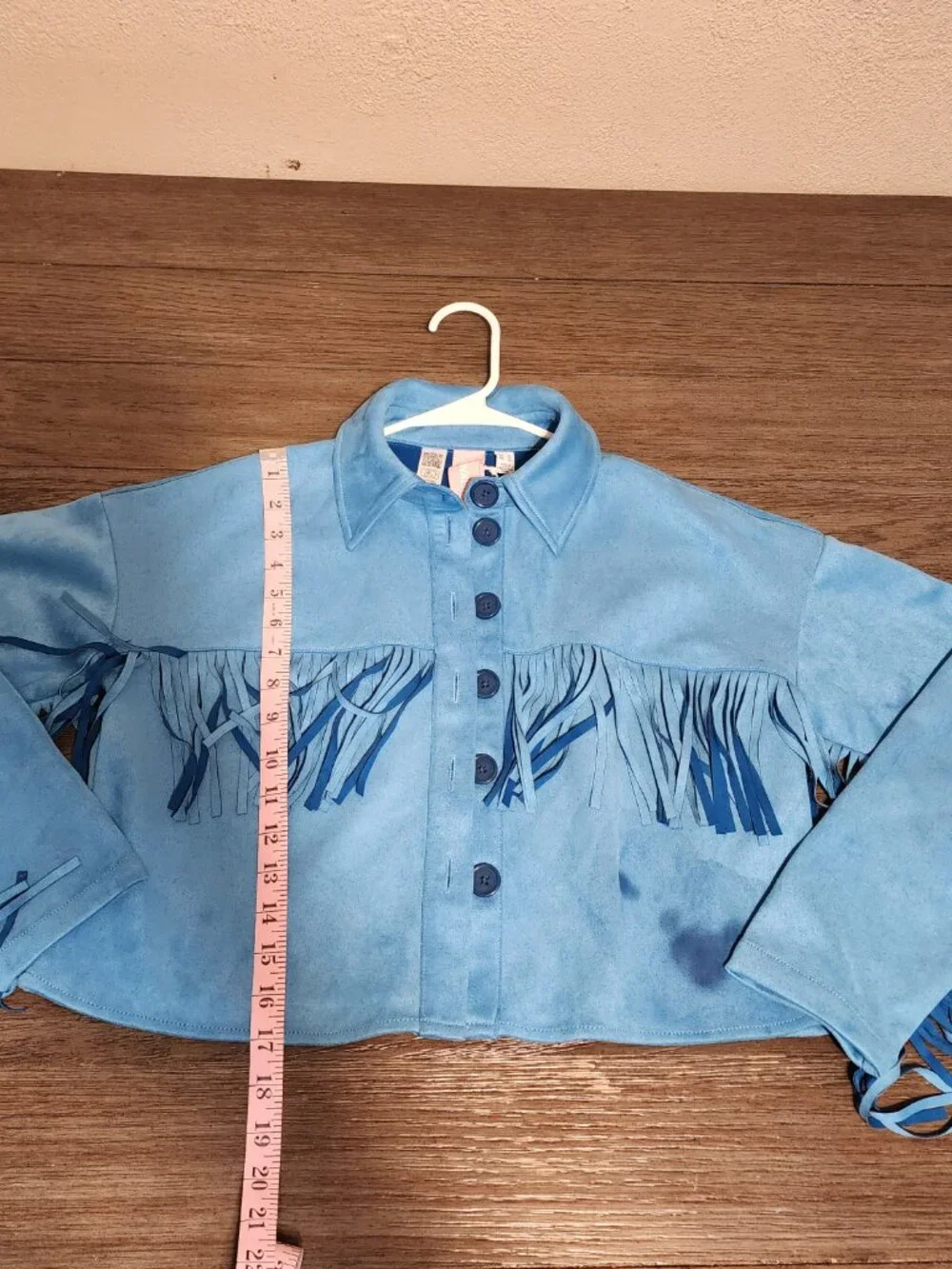 ASOS Faux Suede Fringe Jacket XS Blue Western Boho Tassel LAUNDERED - Picture 2 of 12